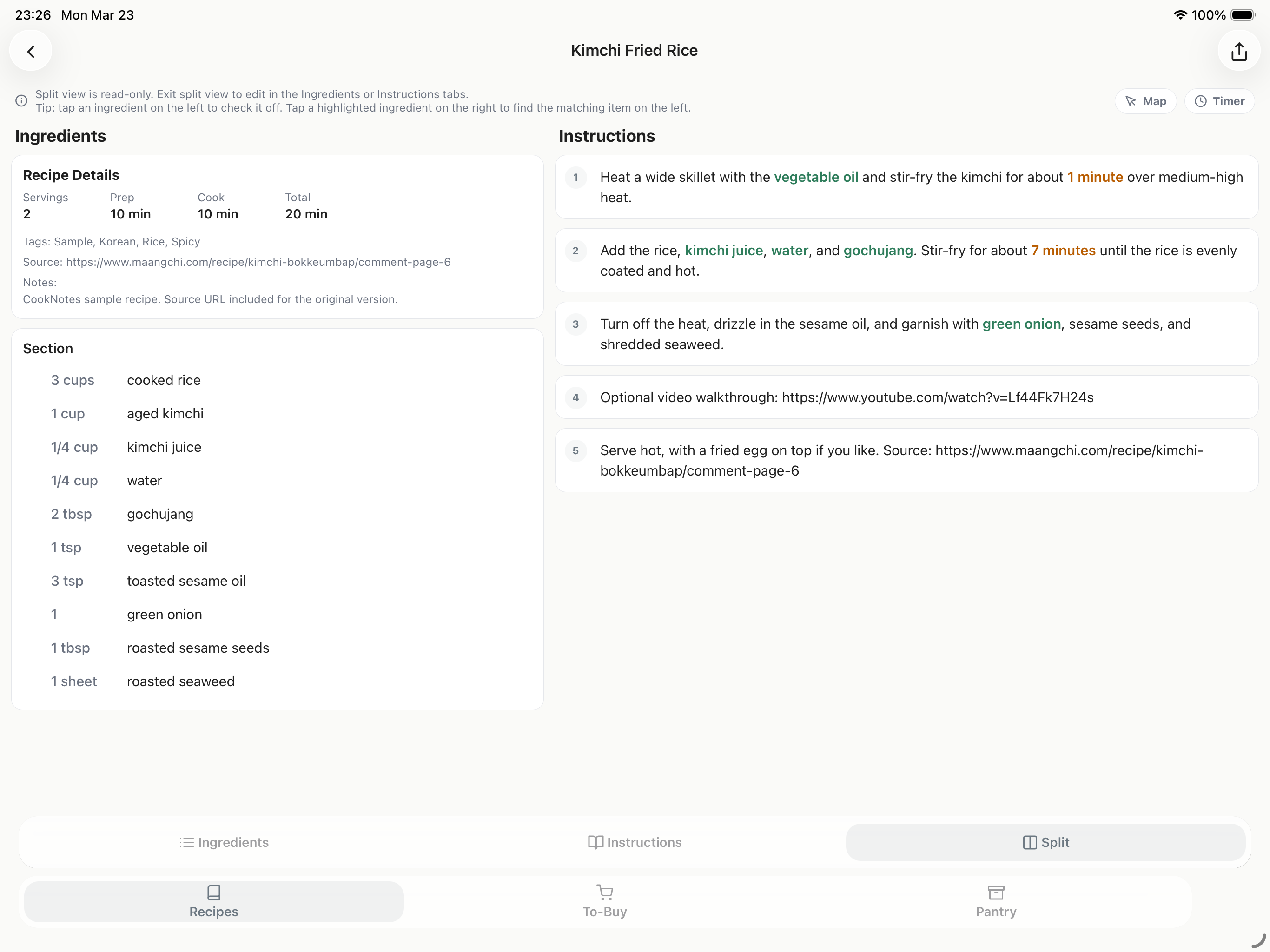 CookNotes iPad 分屏界面